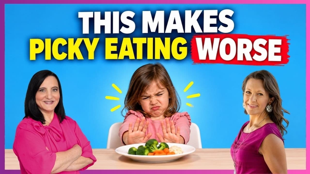 Dysregulated Kids podcast episode about mistakes that make picky eating worse, featuring Dr. Roseann, Katie Kimball, and a child refusing vegetables