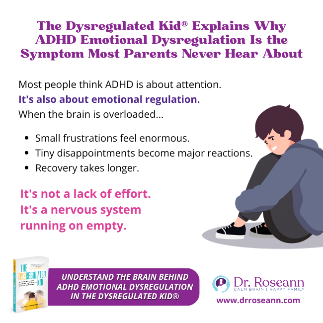 ADHD emotional dysregulation infographic explaining brain overload, intense frustrations, and slower recovery from The Dysregulated Kid®.