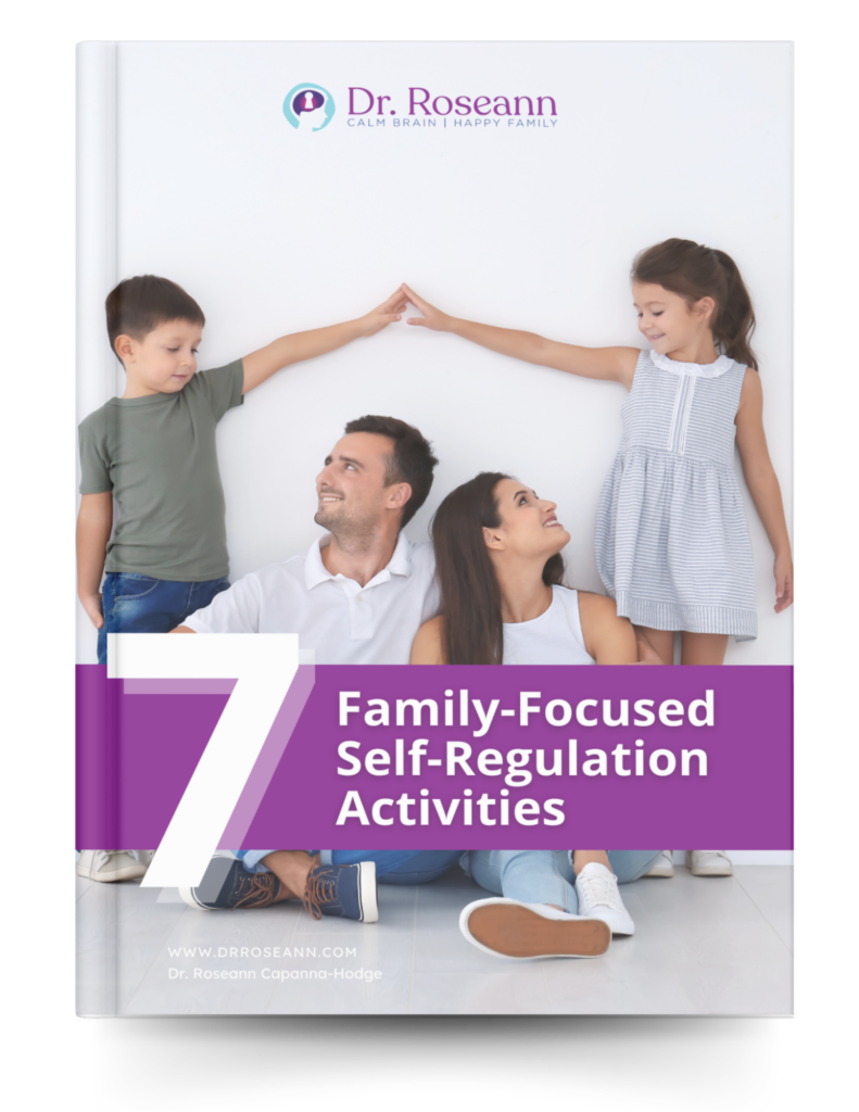 7 Family-Focused Self-Regulation Activities ebook cover with family making roof gesture