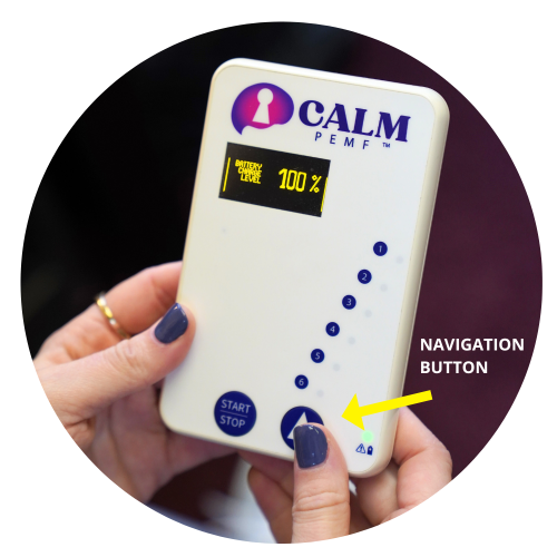 CALM PEMF device navigation button and display in circular photo