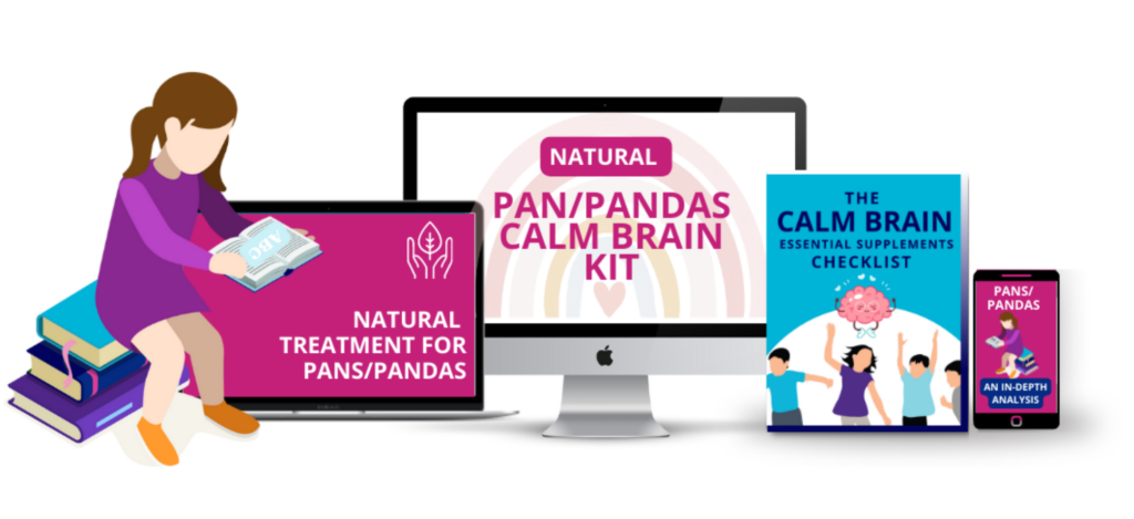 Product mockup of PAN/PANDAS Calm Brain Kit displayed on desktop, tablet, phone and books