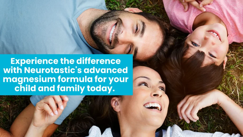 Family on grass with text about Neurotastic magnesium for calm brain