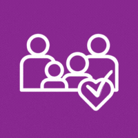 Family icon with heart representing community and care