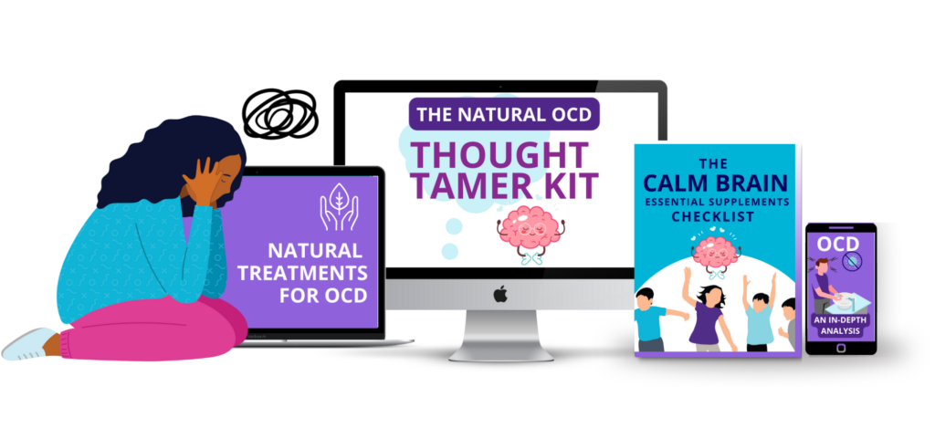 Product mockup of The Natural OCD Thought Tamer Kit with brain illustration displayed on devices and books