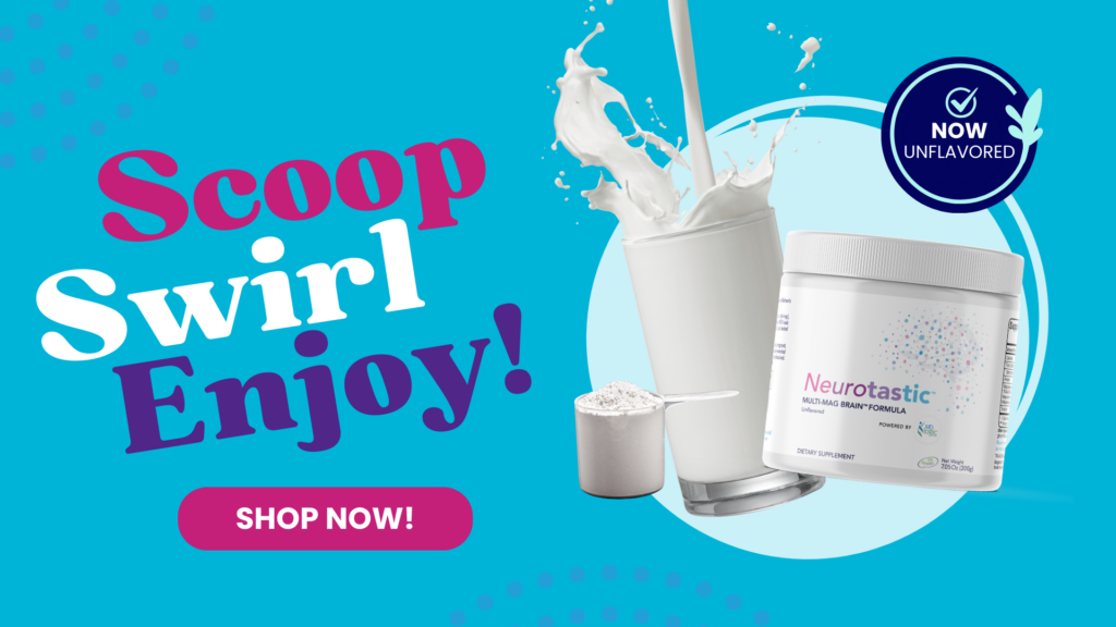 Scoop Swirl Enjoy instruction showing Neurotastic product with milk splash