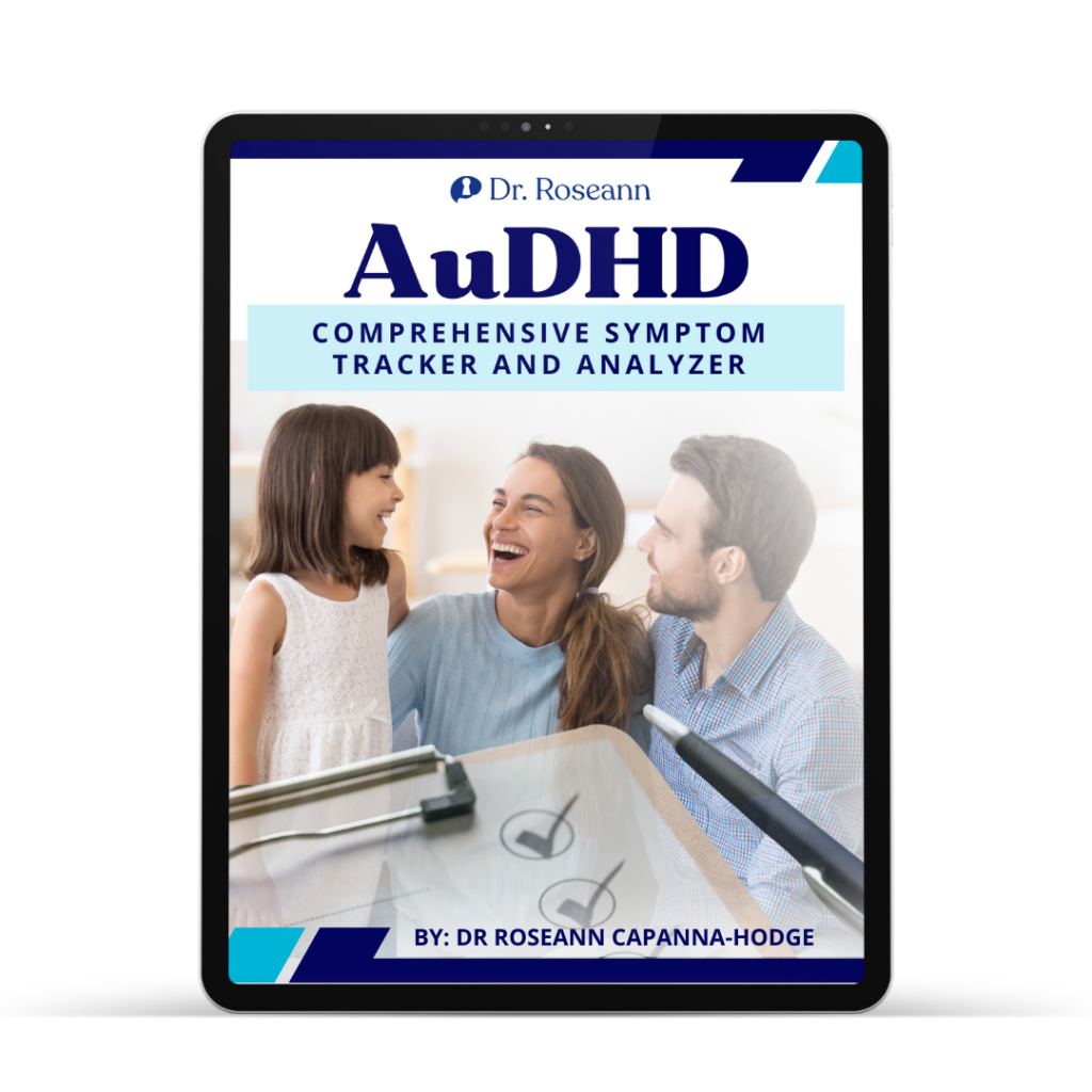 iPad mockup of AuDHD Comprehensive Symptom Tracker by Dr. Roseann Capanna-Hodge