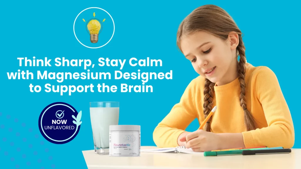 Girl with braided hair thinking over schoolwork, holding glass of Neurotastic product