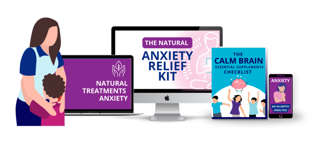 Product mockup of The Natural Anxiety Relief Kit displayed on desktop, tablet, phone and books