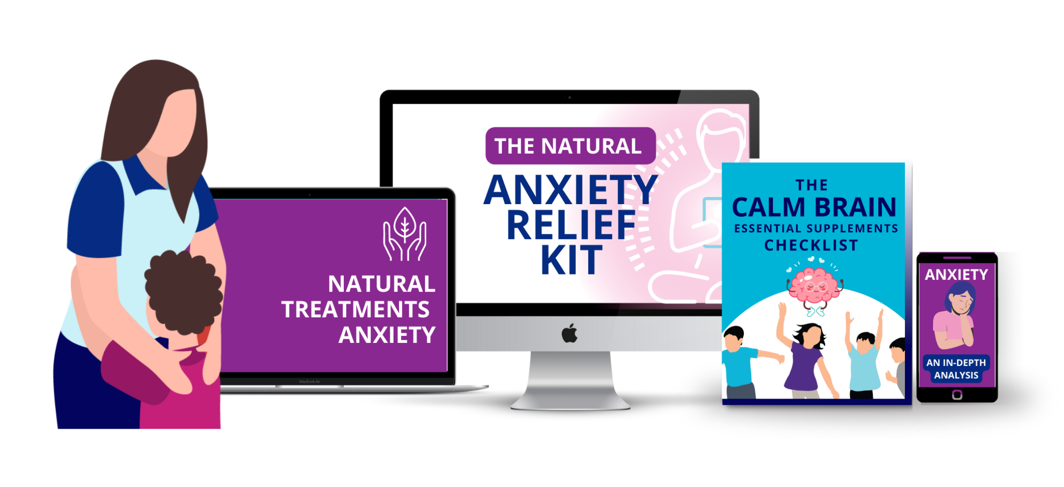 Illustration of Natural Anxiety Relief Kit components displayed on devices