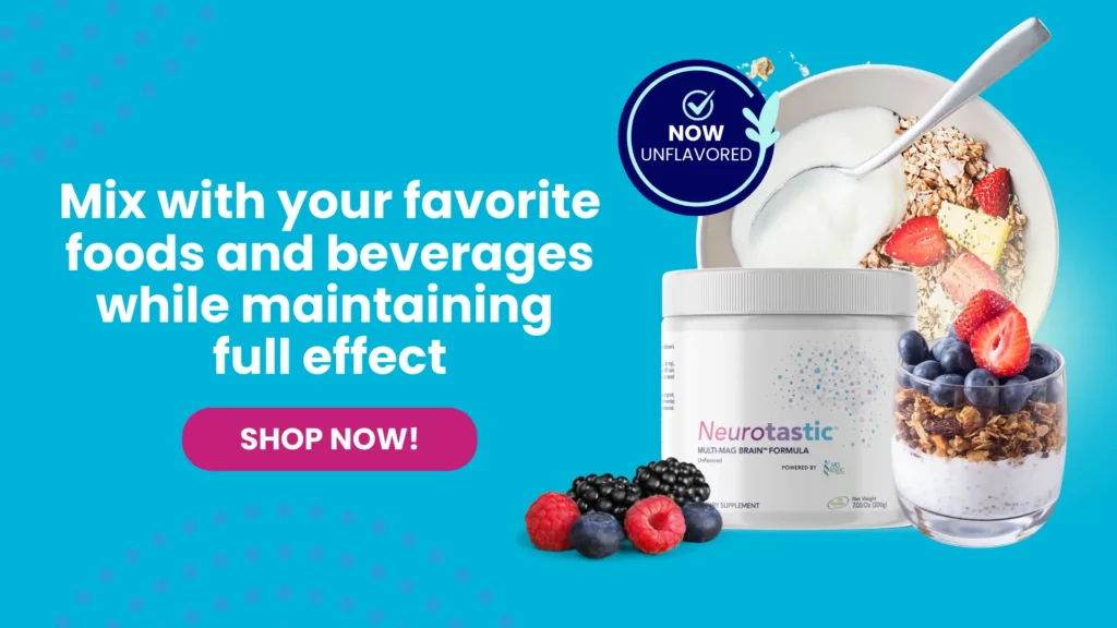 Neurotastic magnesium powder mixed into yogurt bowl with fresh berries and granola