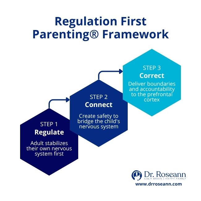 Infographic Regulation First Parenting Framework showing three-step model