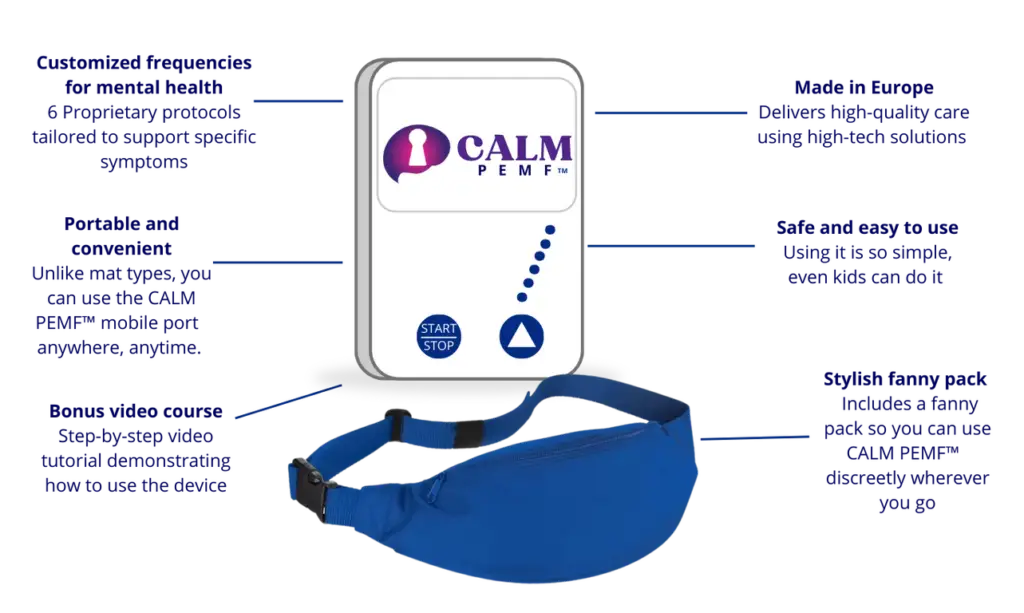 CALM PEMF device infographic showing features and included blue fanny pack