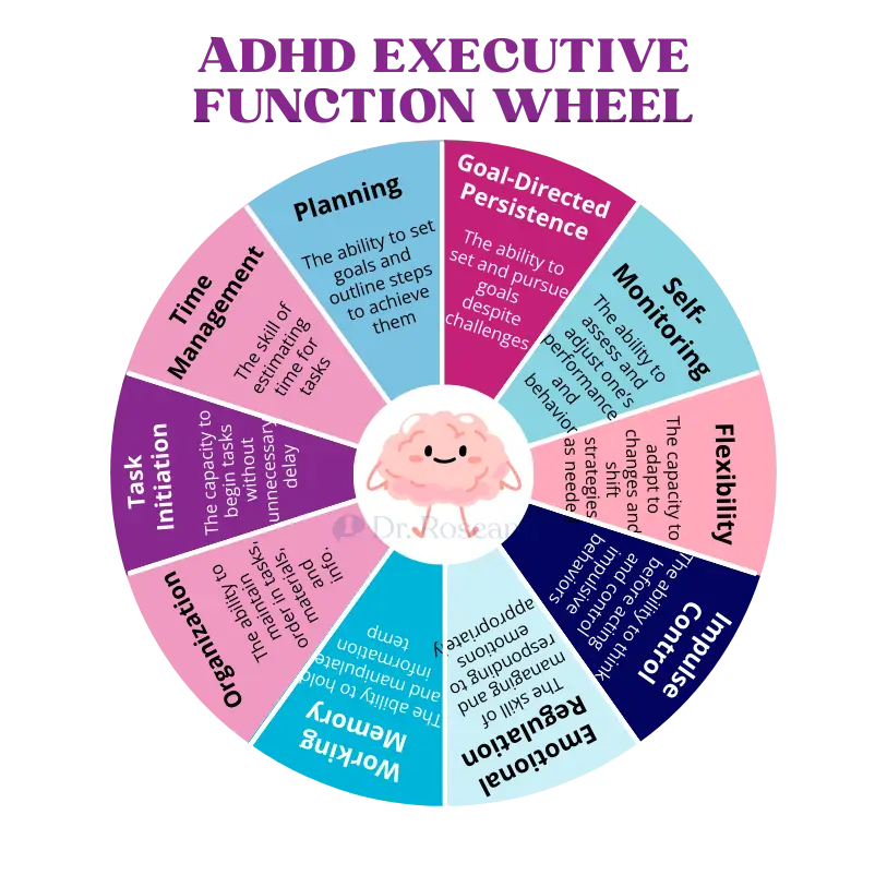 ADHD Executive Function Wheel infographic with planning, monitoring, and task initiation