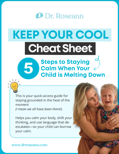 Keep Your Cool Cheat Sheet guide cover showing mother comforting upset child
