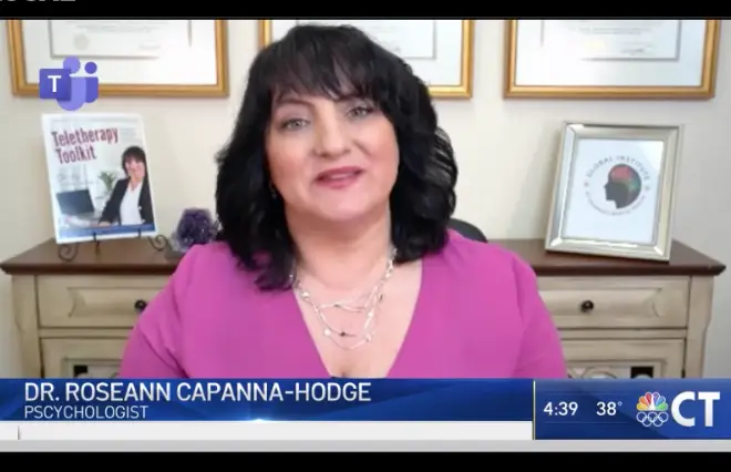Dr. Roseann Capanna-Hodge, Psychologist, speaking in TV interview from her office