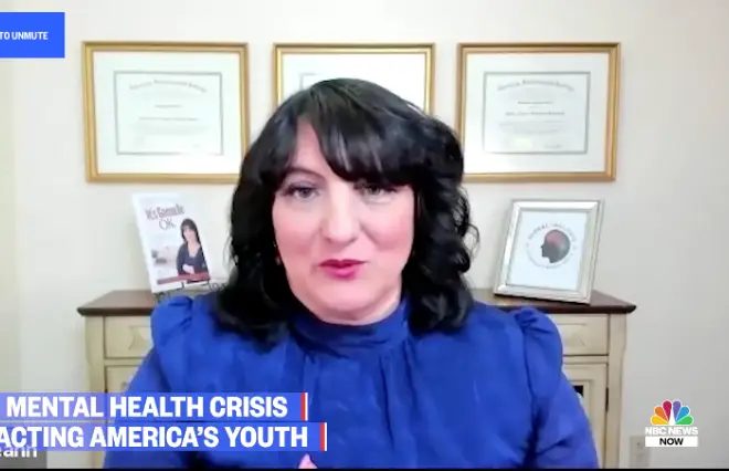 Dr. Roseann Capanna-Hodge in blue top on NBC discussing mental health crisis in youth
