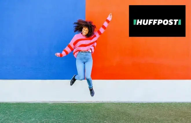 Young person in red-striped shirt jumping featured in HuffPost content