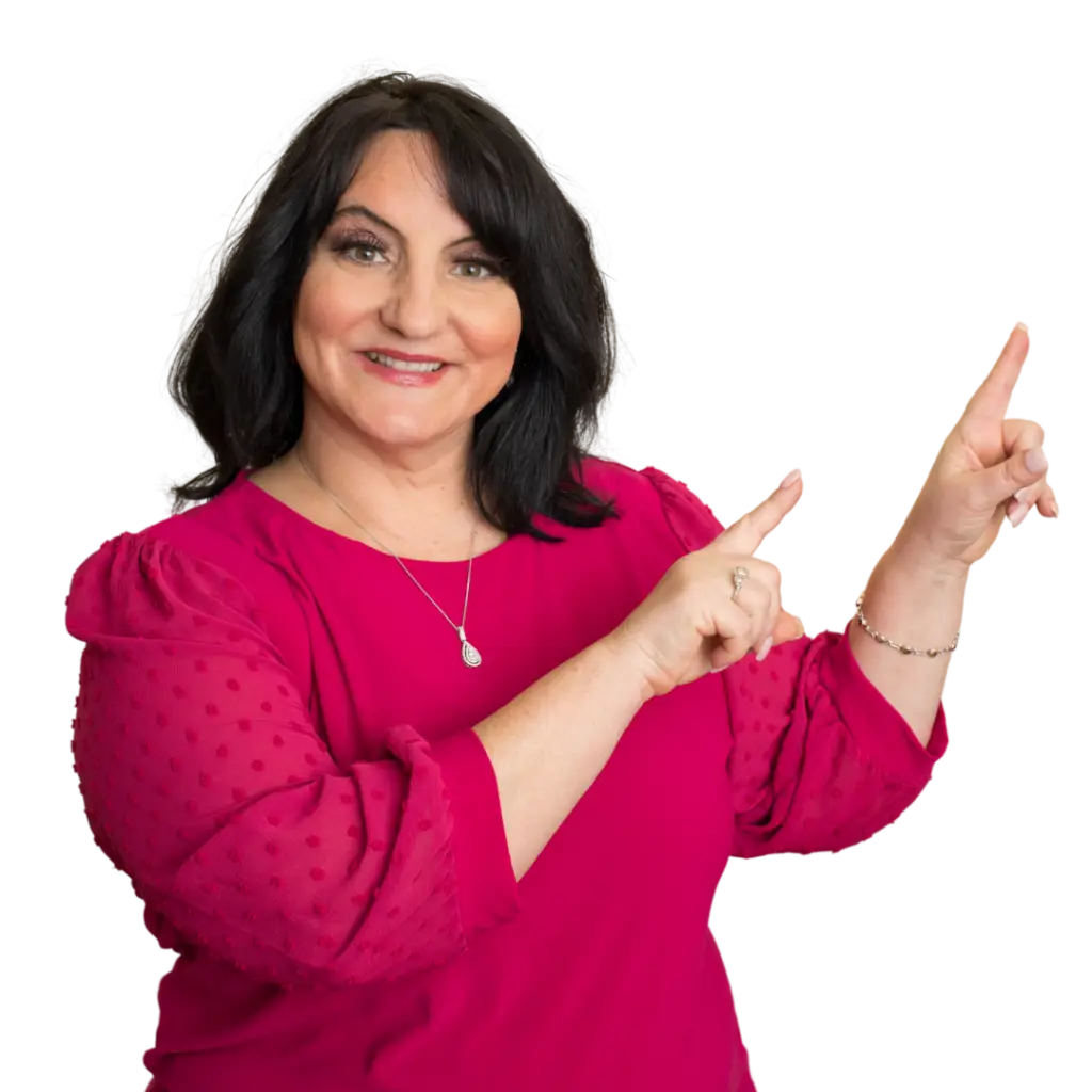Dr. Roseann Capanna-Hodge in promotional photo pointing upward