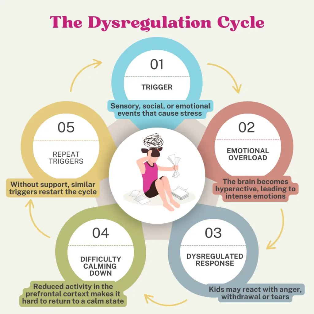 Infographic showing The Dysregulation Cycle with five stages: Trigger, Emotional Overload, Dysregulated Response, Difficulty Calming Down, and Repeat Triggers