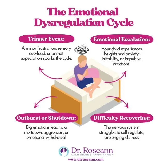 Infographic showing emotional dysregulation cycle: trigger event, emotional escalation, outburst or shutdown, and difficulty recovering