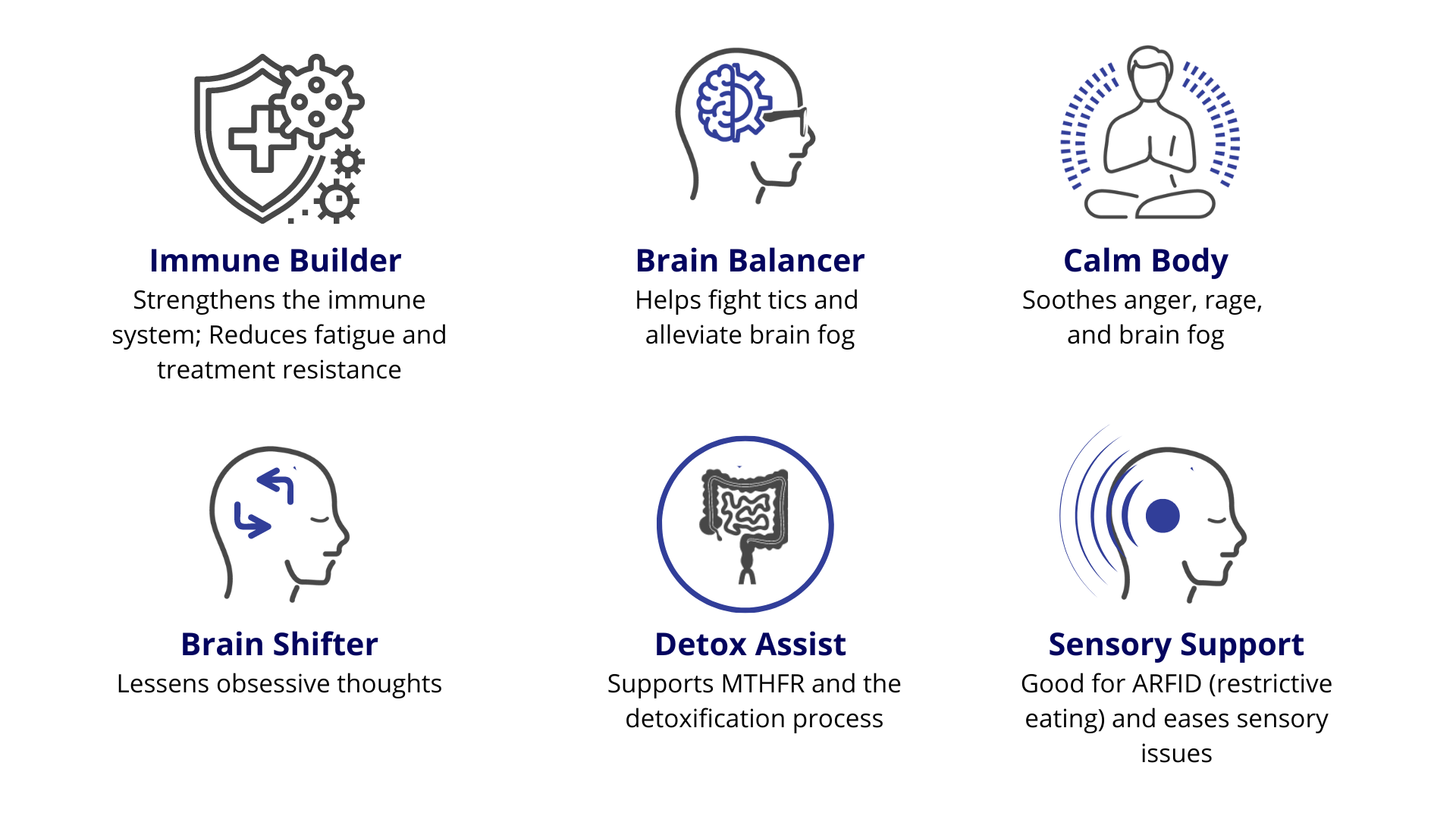 Six benefit icons: Immune Builder, Brain Balancer, Calm Body, Brain Shifter, Detox Assist, Sensory Support