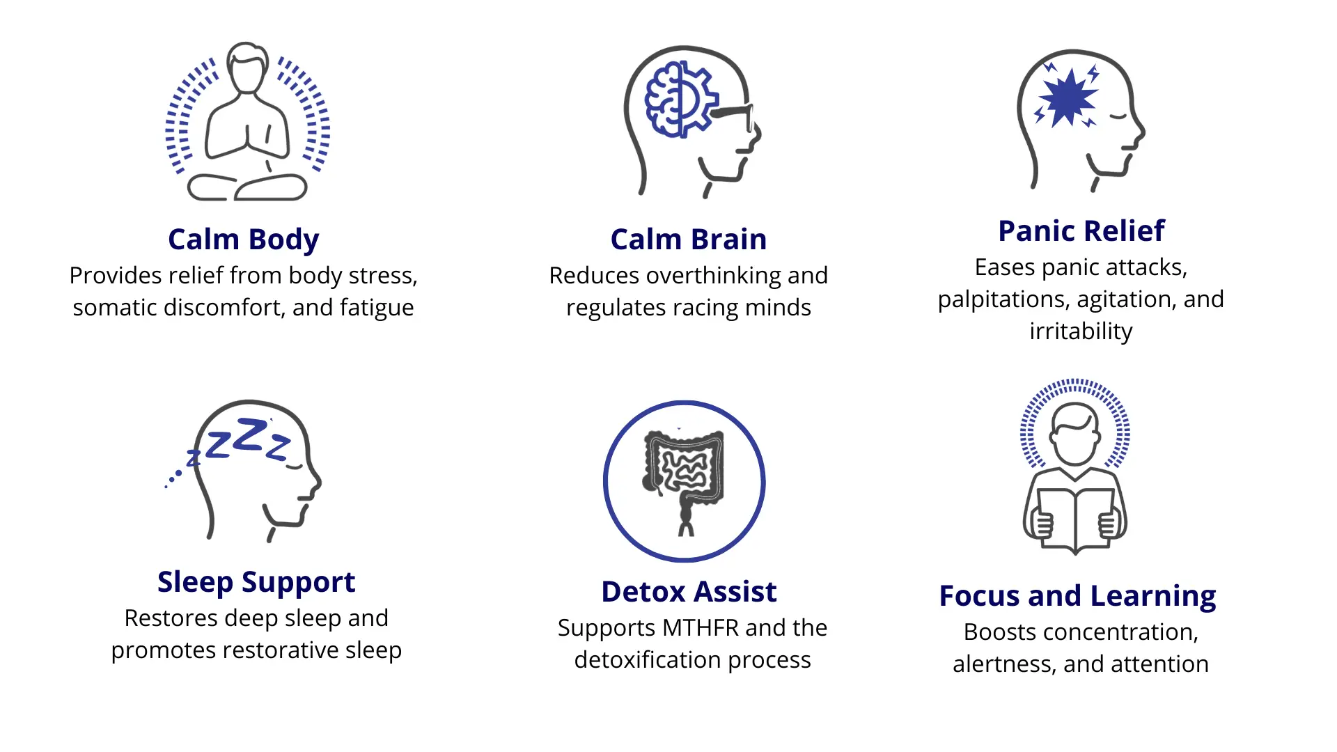 Six benefit icons: Calm Body, Calm Brain, Panic Relief, Sleep Support, Detox Assist, Focus and Learning
