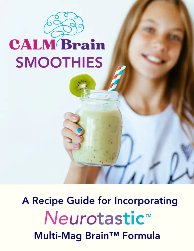 Girl holding green smoothie with CALM Brain Smoothies recipe guide text