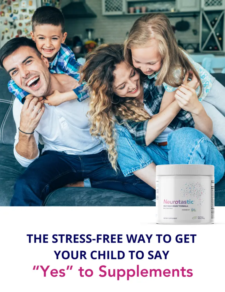 Family playing together in kitchen with Neurotastic supplement bottle nearby