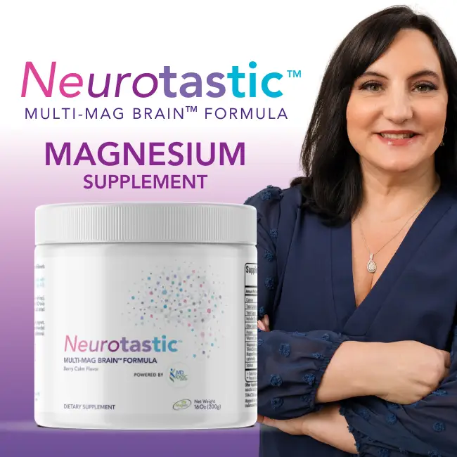 Woman next to Neurotastic Multi-Mag Brain Formula supplement bottle