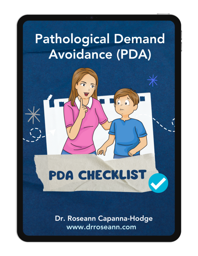 PDA Checklist cover with illustration of woman in pink and child in blue and text by Dr. Roseann Capanna-Hodge