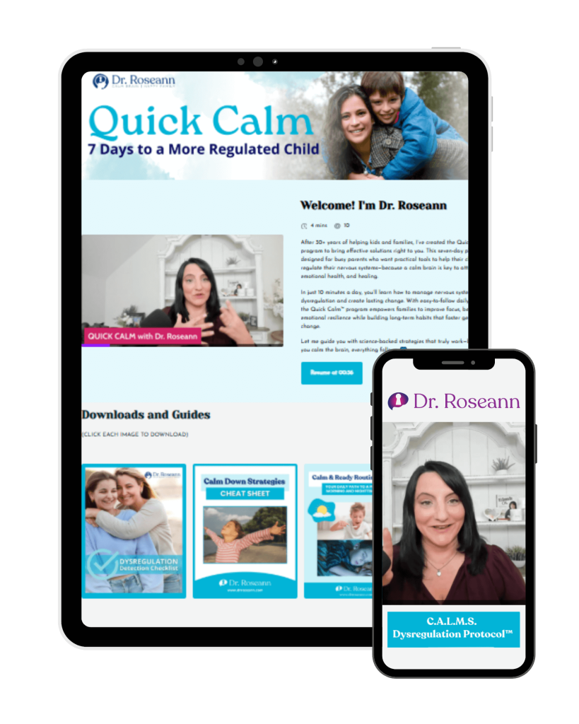 Quick Calm program displayed on tablet and phone with Dr. Roseann