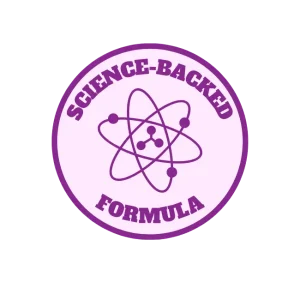 Science-Backed Formula circular badge with atom design