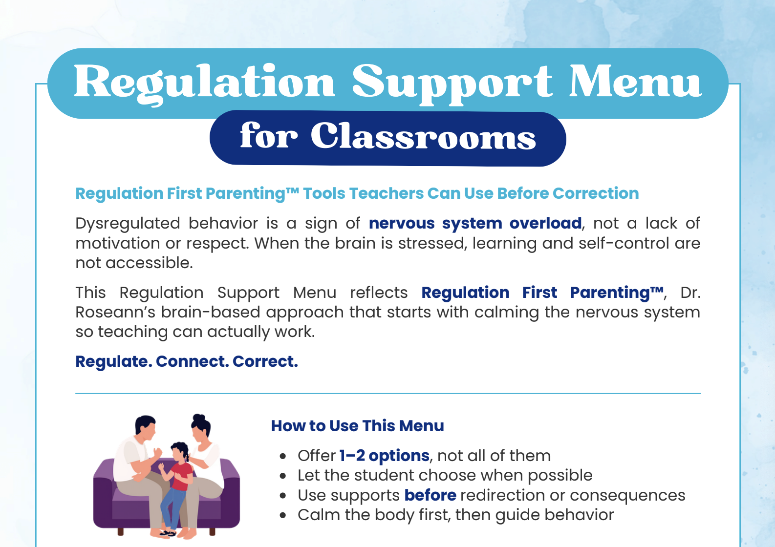 Regulation Support Menu for classrooms with teacher tools for supporting student nervous systems