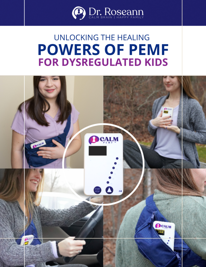 Guide cover showing Unlocking the Healing Powers of PEMF for Dysregulated Kids with photos of children and teens using CALM PEMF device