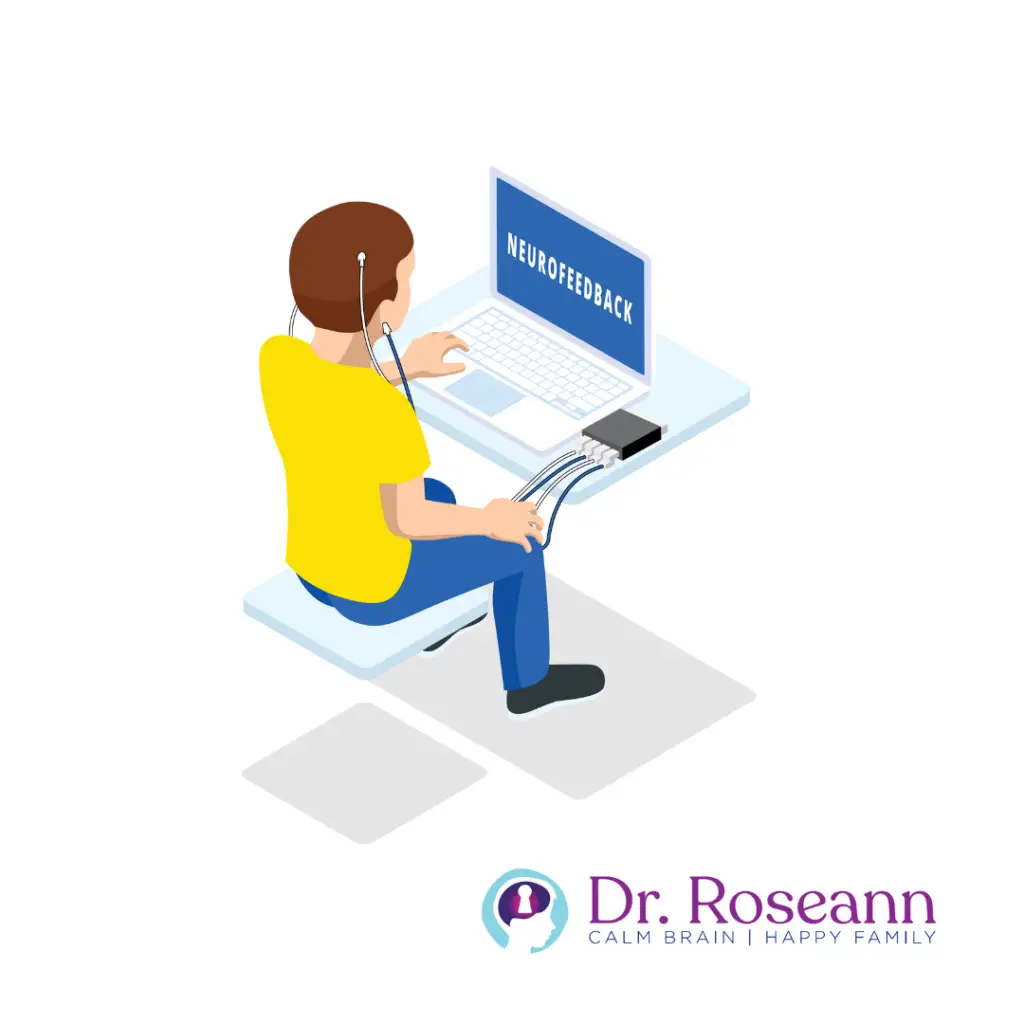 Illustration of person in yellow shirt with neurofeedback sensors at laptop
