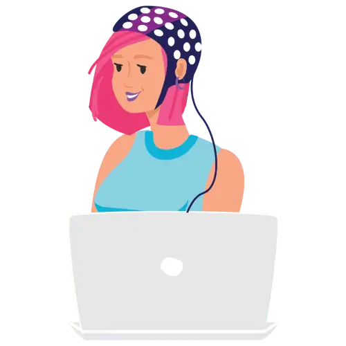 Woman with EEG electrode cap using neurofeedback on computer