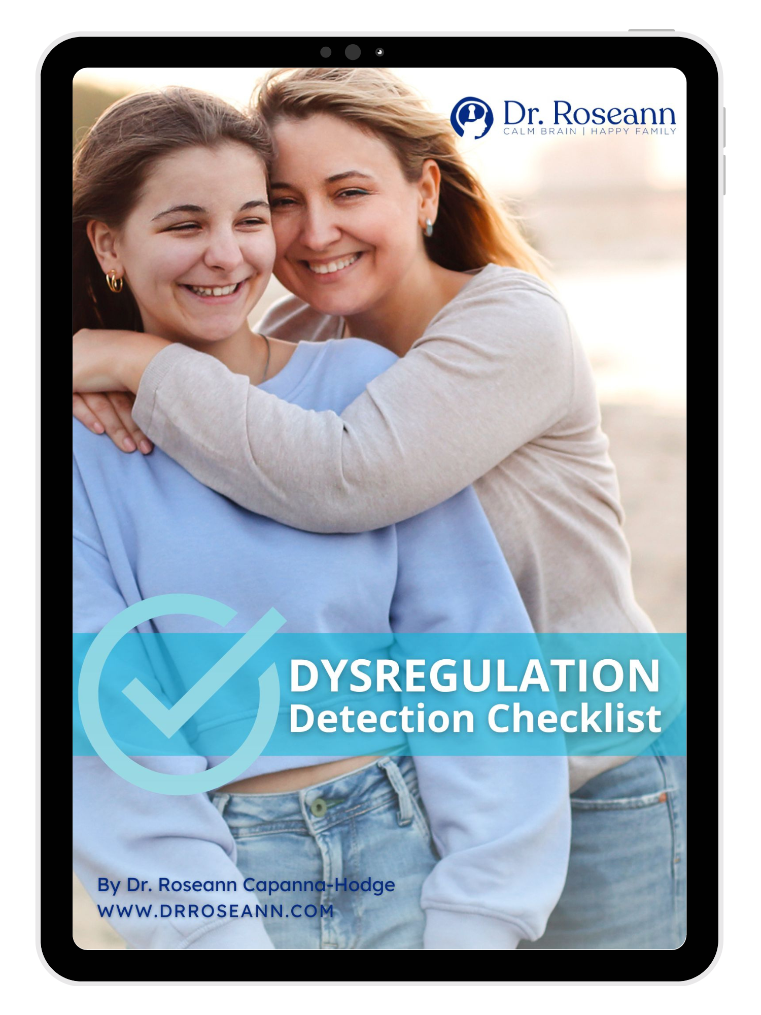 Tablet mockup of Dysregulation Detection Checklist with two young women