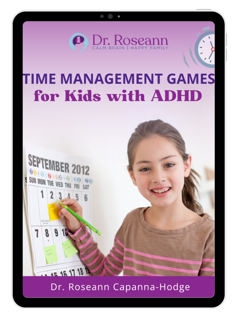 Time Management Games for Kids with ADHD book cover on tablet with child holding calendar