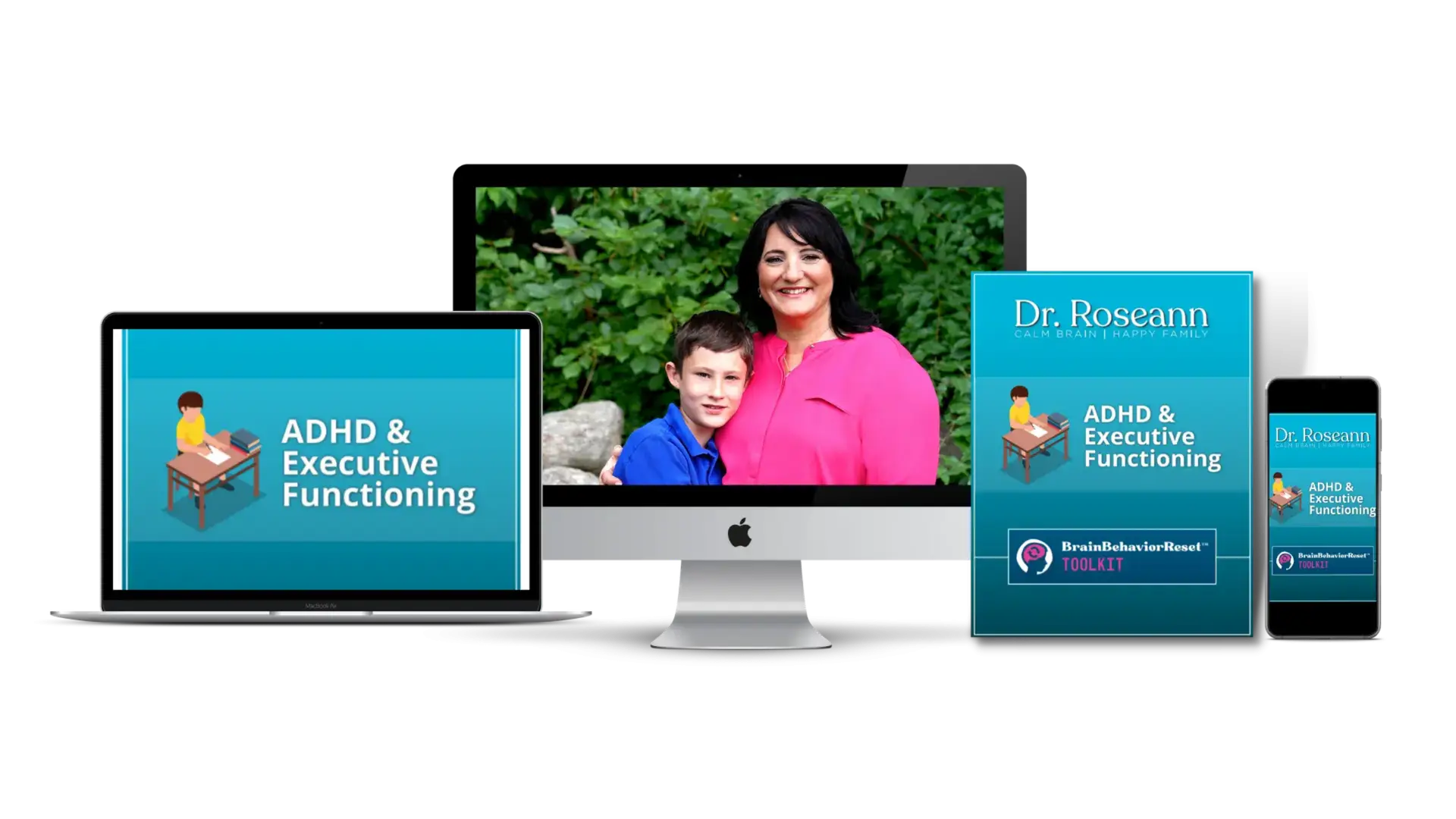 Multi-device mockup showing ADHD & Executive Functioning course with Dr. Roseann