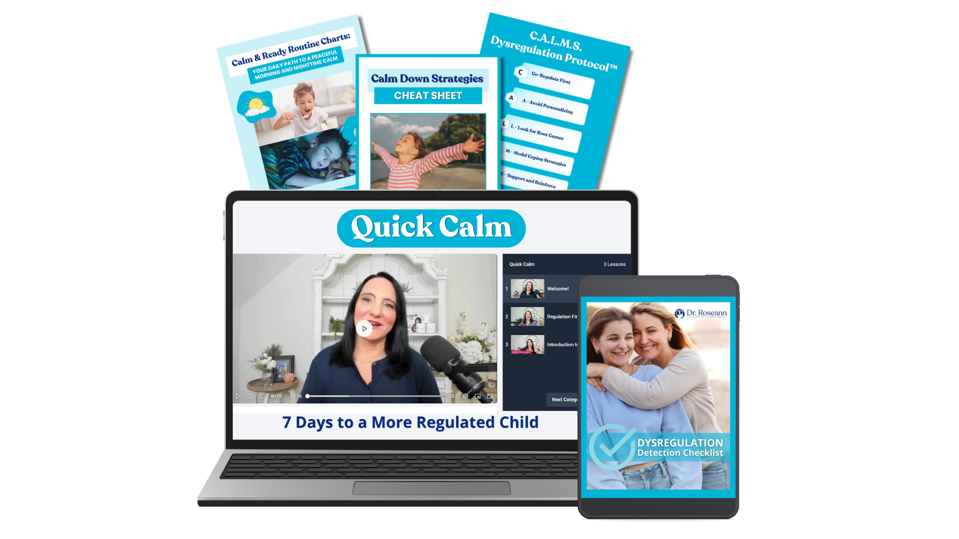 Device mockups showing Quick Calm training materials and resources with video content