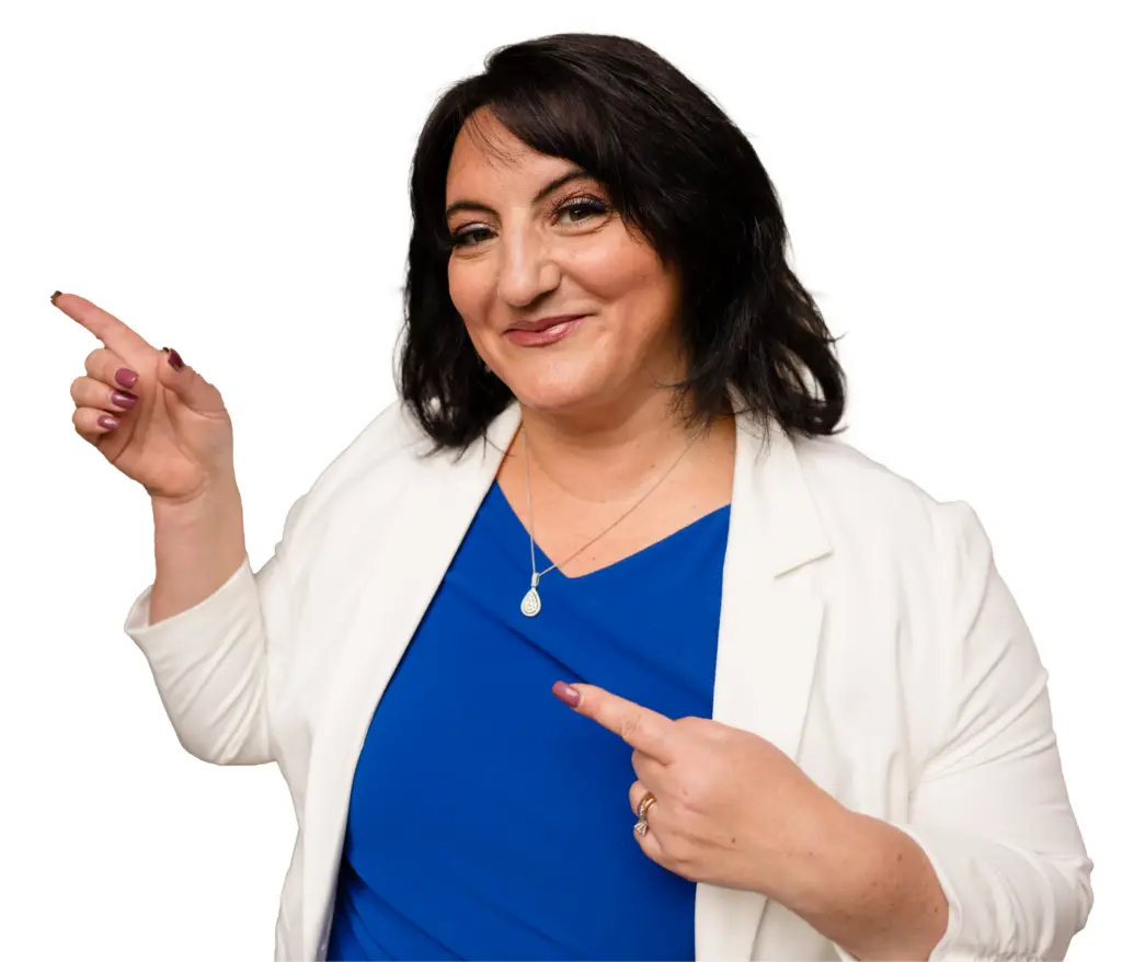 Woman in professional blue and white blazer with arms crossed