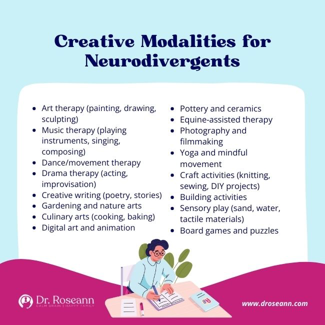 Creative modalities infographic for neurodivergent individuals building self-regulation.