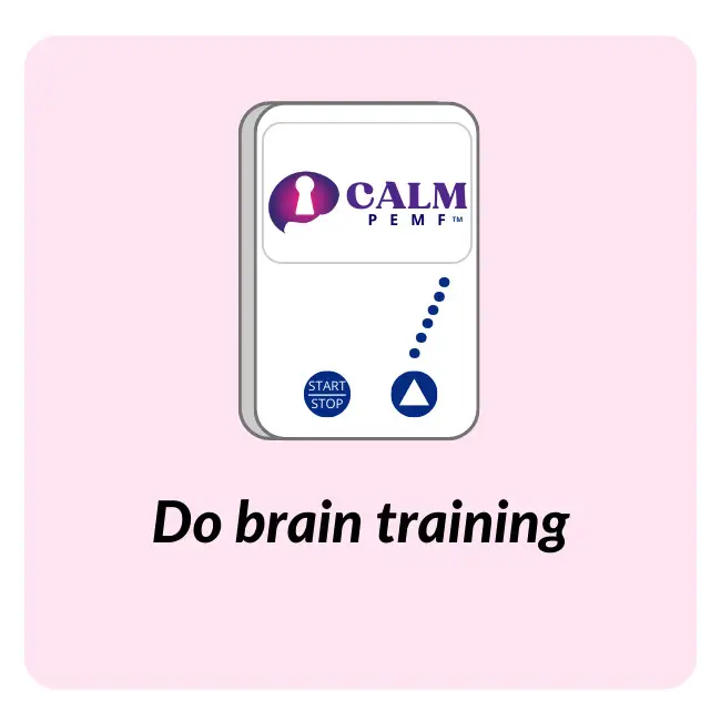 CALM PEMF app on phone screen mockup illustrating brain training
