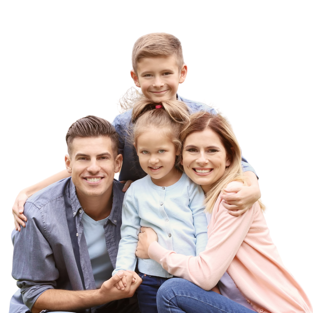 Family of four smiling together