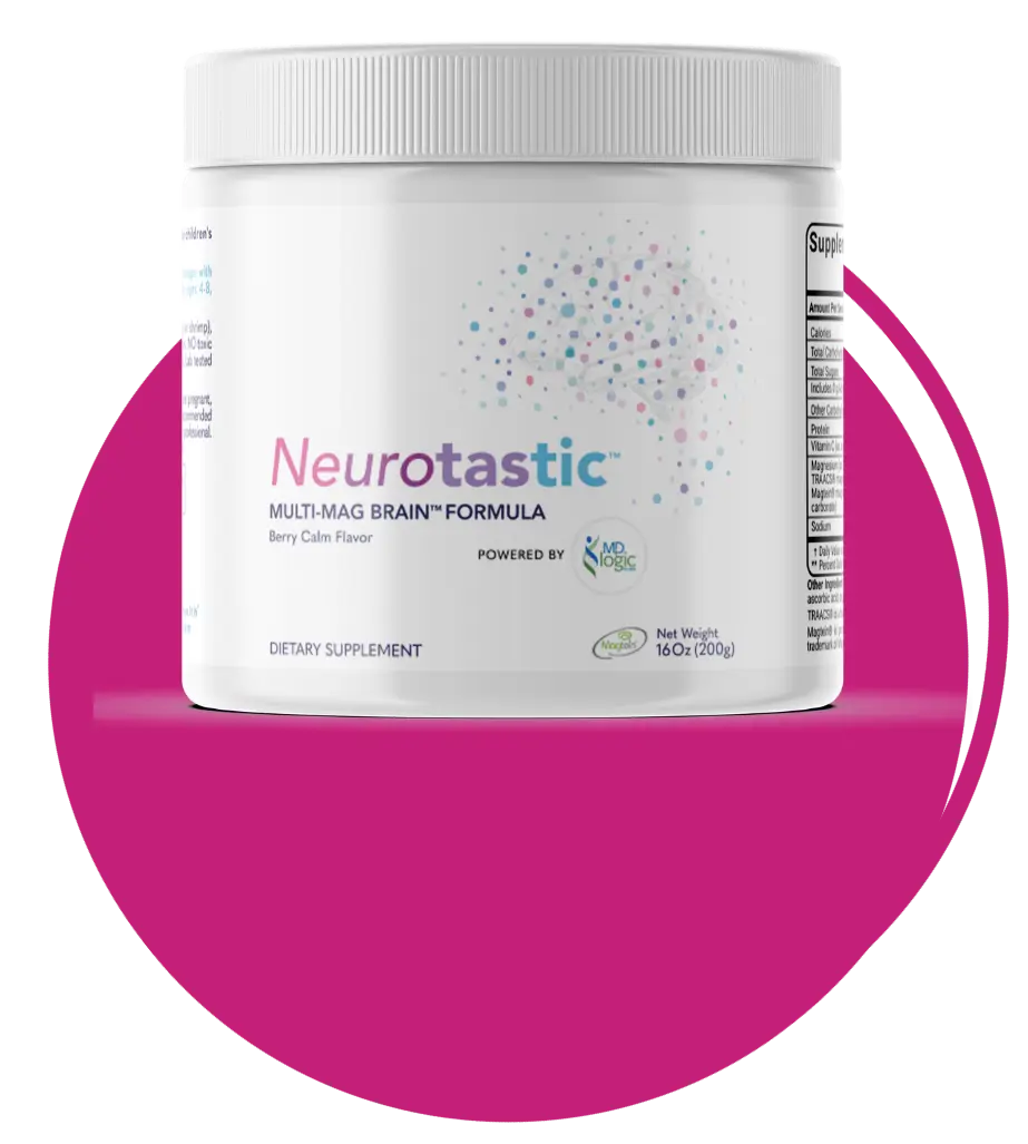 Neurotastic magnesium supplement jar in circular magenta frame