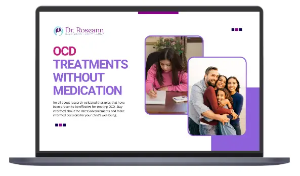Product mockup of OCD Treatments Without Medication guide displayed on laptop with example pages