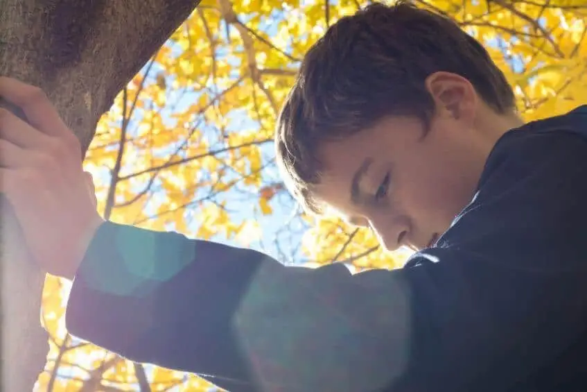Child looking down at autumn foliage outdoors