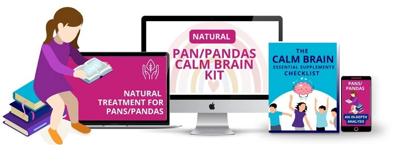 Product mockup of Natural PANS/PANDAS Calm Brain Kit displayed on desktop, tablet, phone and books