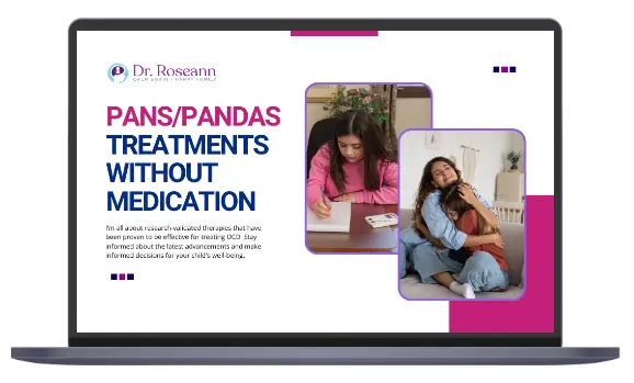 Product mockup of PANS/PANDAS Treatments Without Medication guide displayed on laptop