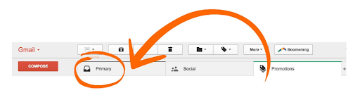 Gmail inbox screenshot showing Primary folder organization with orange annotation